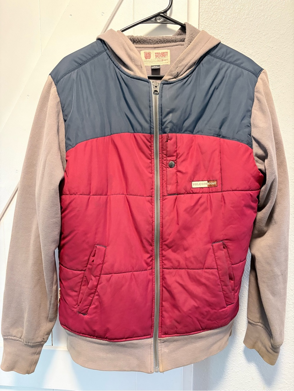 Volcom Two-Tone Hooded Puffer Jacket in Red, Gray & Tan